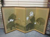 Painted 4-Panel Folding Canvass and Wood Wall Hanging Screen