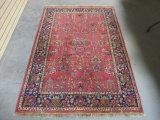 Persian Style Red and Navy Floral Hand Knotted Wool Area Rug