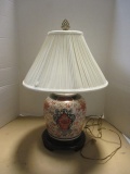 Asian Porcelain and Wood Table Lamp with Pleated Shade
