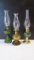Two Avocado Green Glass and One Amber Glass Oil Lamps made in Hong Kong