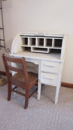 Antique Child's Painted Roll Top Desk and Oak Chair