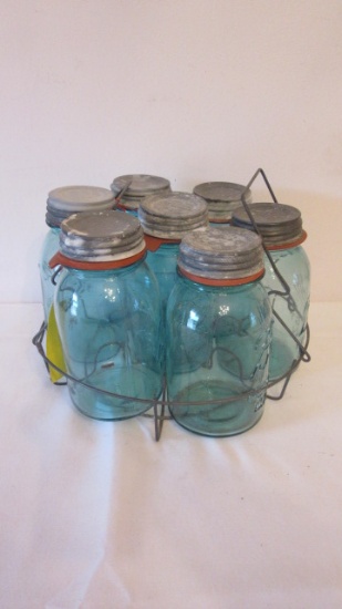 Seven Old Blue Ball Canning Jars with Zinc Lids in Wire Carrier
