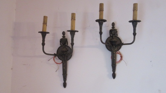 Pair of Antique Brass Finish Electric 2 Arm Torch Wall Sconces