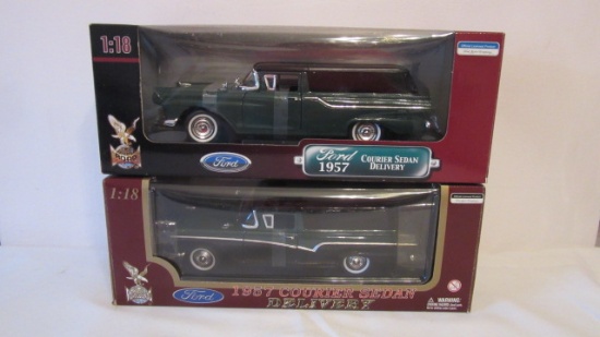 Two 1:18 Scale Diecast Courier Sedan Delivery Truck Diecasts in Original Boxes