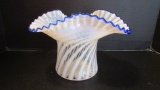 Fenton Blue Crest White Swirl Design Ruffle Vase