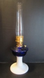 2001 Aladdin Fenton Cobalt Blue Oil Font and White Foot Oil Lamp with No. 23 Burner and