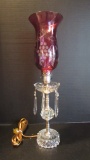 Electric Cranberry Glass Hurricane Lamp with Prisms