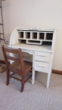Antique Child's Painted Roll Top Desk and Oak Chair