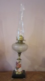B&P Handpainted Flower and Butterfly Foot Oil Lamp with Clear Oil Font