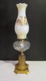 P&A Clear Glass Oil Font with Amber Foot Oil Lamp with Decal Chimney