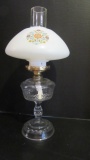 P&A Clear Glass Oil Lamp with White Chimney Shade with Floral Design Decals