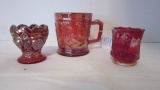 Imperial Glass Red Carnival Glass Mug with Birds, Carnival Glass Toothpick Holder