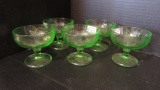 Five Vintage Green Uranium/Vaseline Glass Sherbet Dessert Dishes with Fruit Motif