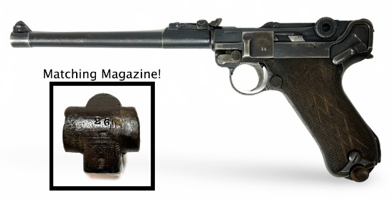 WWI German DWM 1917 Lange P.08 9MM Artillery Luger w/ Matching Magazine
