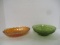 Midcentury Avocado Green Glass Dish and Iridescent Marigold Dish