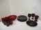 Collection of Vintage Ruby Red Plates, Serving Bowl, Glasses, and Stems