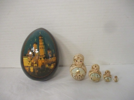 Hand Painted Wood Russian Nesting Dolls - 4 Sizes and Painted Enamel Egg