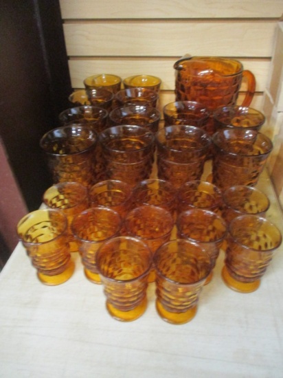 Set of Mid-Century Amber Cubist Pitcher and Glasses