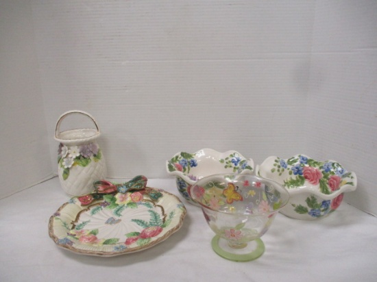 Fitz & Floyd Flower Plate, 2 Jardin Flower Bowls, Porcelain Flower Vase,