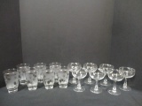 Seven Fostoria Sherbets and Seven Midcentury Frosted Pine Cone Glasses