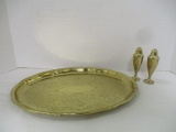 Pair of Brass Dirilyte Shakers and Oval Brass Serving Tray