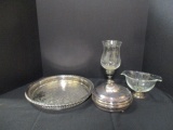 Webster Sterling Footed Divided Glass Dish, Silverplated Hurricane Candle Holder,