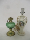 Green Glass Oil Lamp made in Hong Kong and Porcelain Transferware