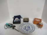 Carved Soapstone Ashtray with Wood Stand, Christiaan Huygens Blue Delft
