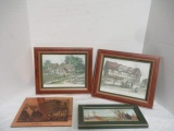 Three English Countryside Framed Prints and Etched Copper Plaque