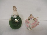 Vintage Dresden Porcelain Ballerina and Porcelain Victorian Lady Pin Cushion