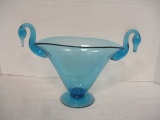 Blue Art Glass Footed Vase with Swan Head Handles