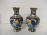 Pair of Vintage Chinese Cloisonne Vases with Birds and Lotus Flower Design
