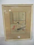 Vintage Framed and Matted Signed Pen/Ink Watercolor of Geisha Girl