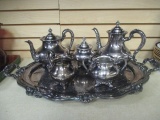 Large Silverplate Footed Tray with Handles, Coffee Pot, Tea Pot, 2 Sugars, Creamer