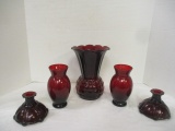 3 Vintage Ruby Red Vases and Pair of Candle Holders
