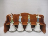4 Norman Rockwell Limited Edition Bells with Wood Hanging Shelf