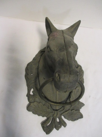 Cast Metal Horse Head Ring Wall Mount Hitching Post