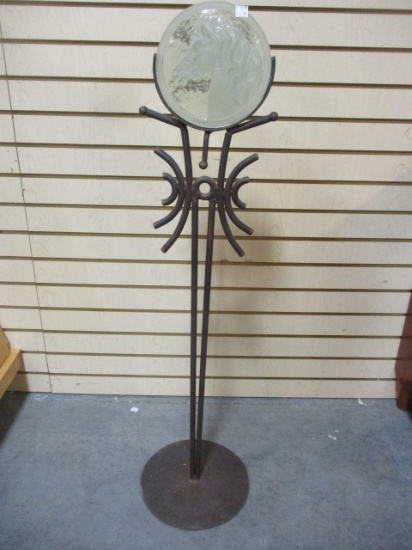 Cast Metal Pillar Candle Stand with Glass Horse Head Relief Medallion