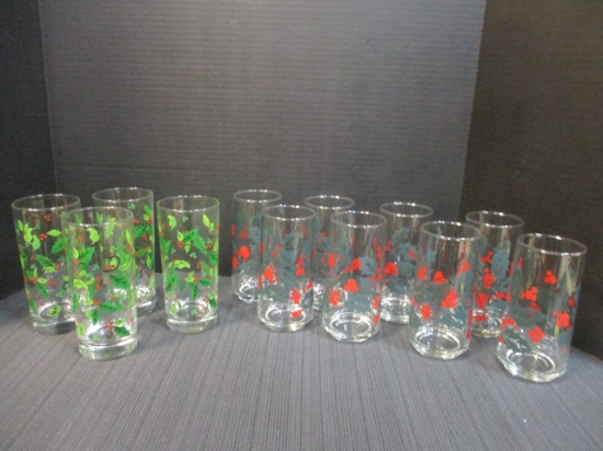 Eight Crisa Holly & Berry Tumblers and Four Libbey Holiday Holly Tumblers