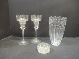 Crystal Vase with Hearts and Pair of Candleholder Stems and Clear Glass Flower Frog