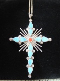Silver Turquoise/Coral Cross Pendant on Silver Chain