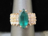 14k Gold Ring with Faux Emerald and CZ Stones