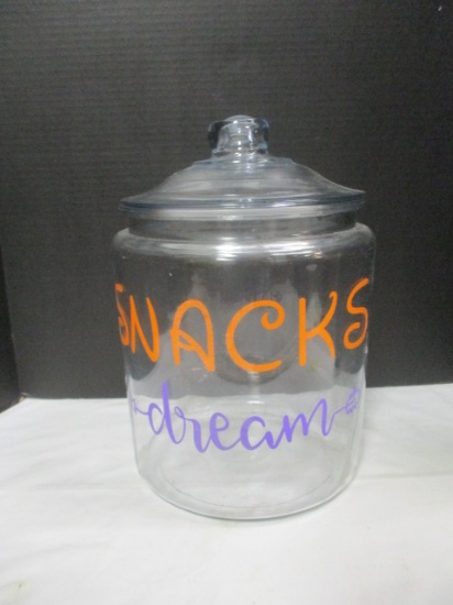 Large Glass Jar with Lid - Painted "Snacks - Dream"