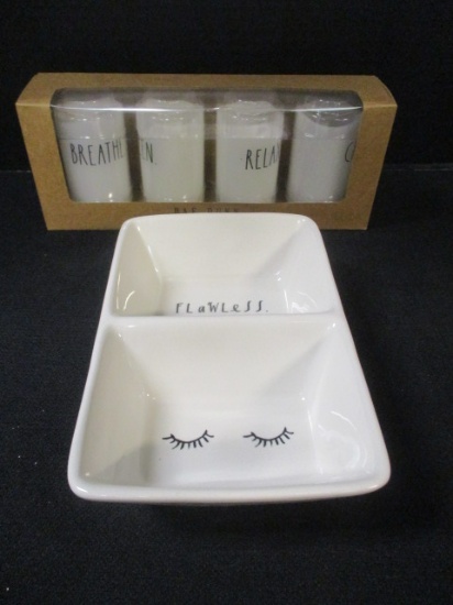 Rae Dunn LED Candles 4 Pack in Box and "Flawless" Divided Dish