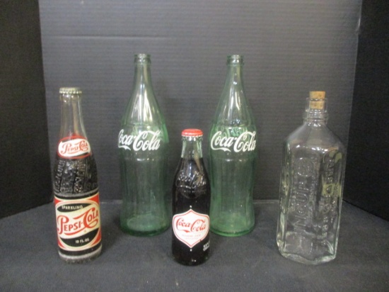 Lot of 5 Vintage Glass Bottles - Coca-Cola, Pepsi, TinCup