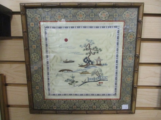 Vintage Chinese Silk Embroidered Wall Hanging in Bamboo Frame