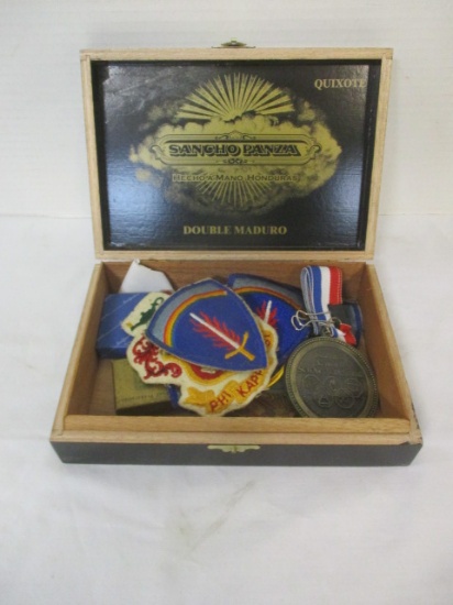 Wood Cigar Box with Medals, Pins, Patches