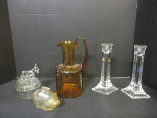Vintage Glass Lot - Jeannette Donkey Box, Blenko? Pitcher, Heisley?