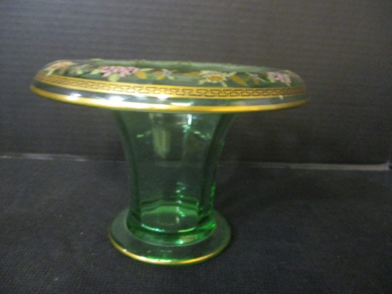 Antique  Glass Vase with HP Flowers and Greek Key Panel Design