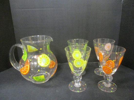 Set of Laurie Gates "Slice" Glass Pitcher and 4 Stem Glasses